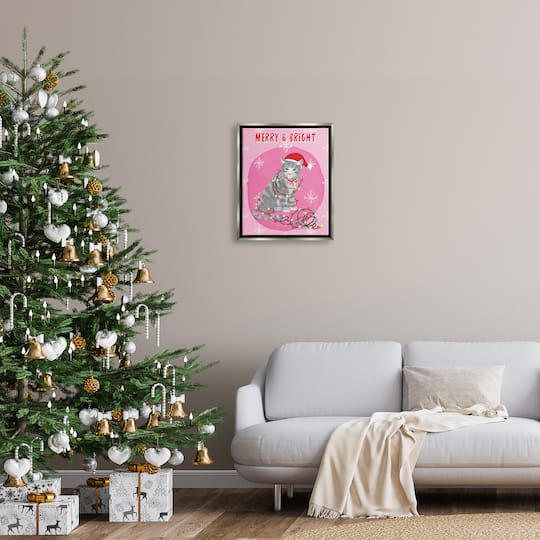 Stupell Industries Merry & Bright Christmas Cat Lights Framed Floater Canvas Wall Art